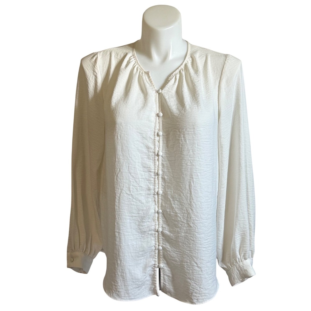 Nine West Womens Ivory White Textured Crepe Button Front Blouse Long Sleeve L
